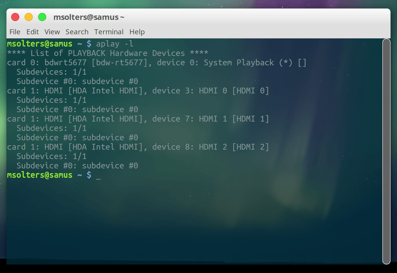 output of aplay -l showing bdw-rt5677 device