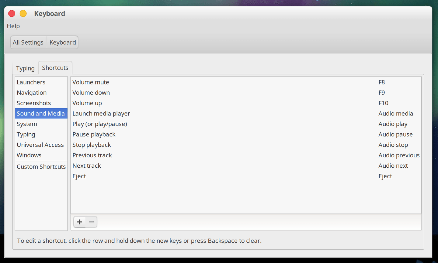 Ubuntu Keyboard settings dialog showing volume shortcuts